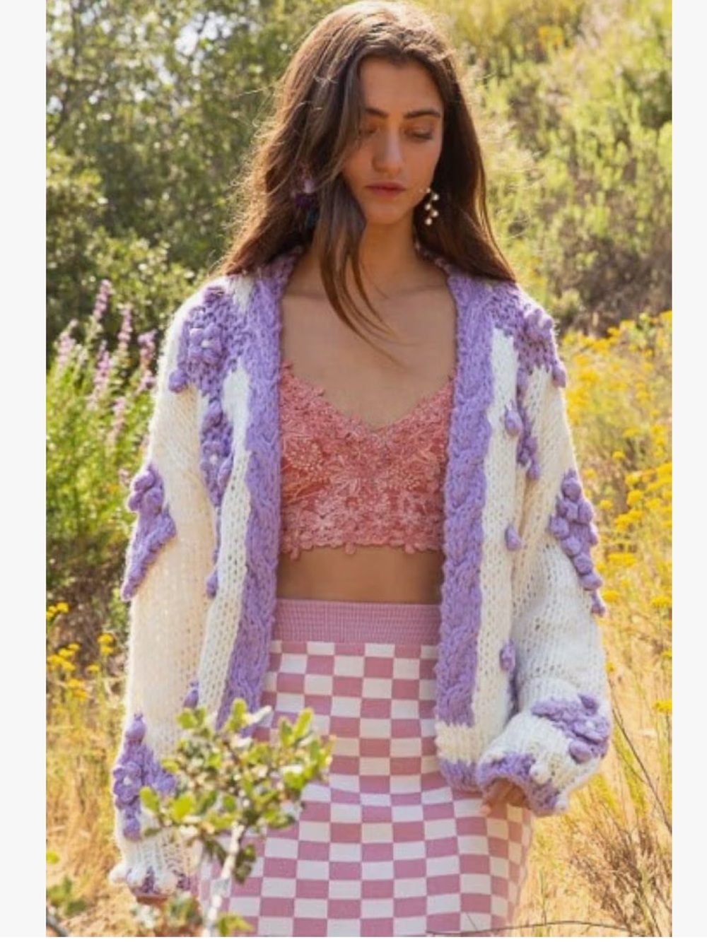 Pol Cozy Lavender Trim Chunky Knit Cardigan Sweater - Women large